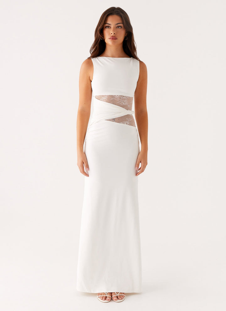 Elegant women's boat neck sleeveless maxi dress with lace cut-outs, perfect for formal occasions & evening wear.