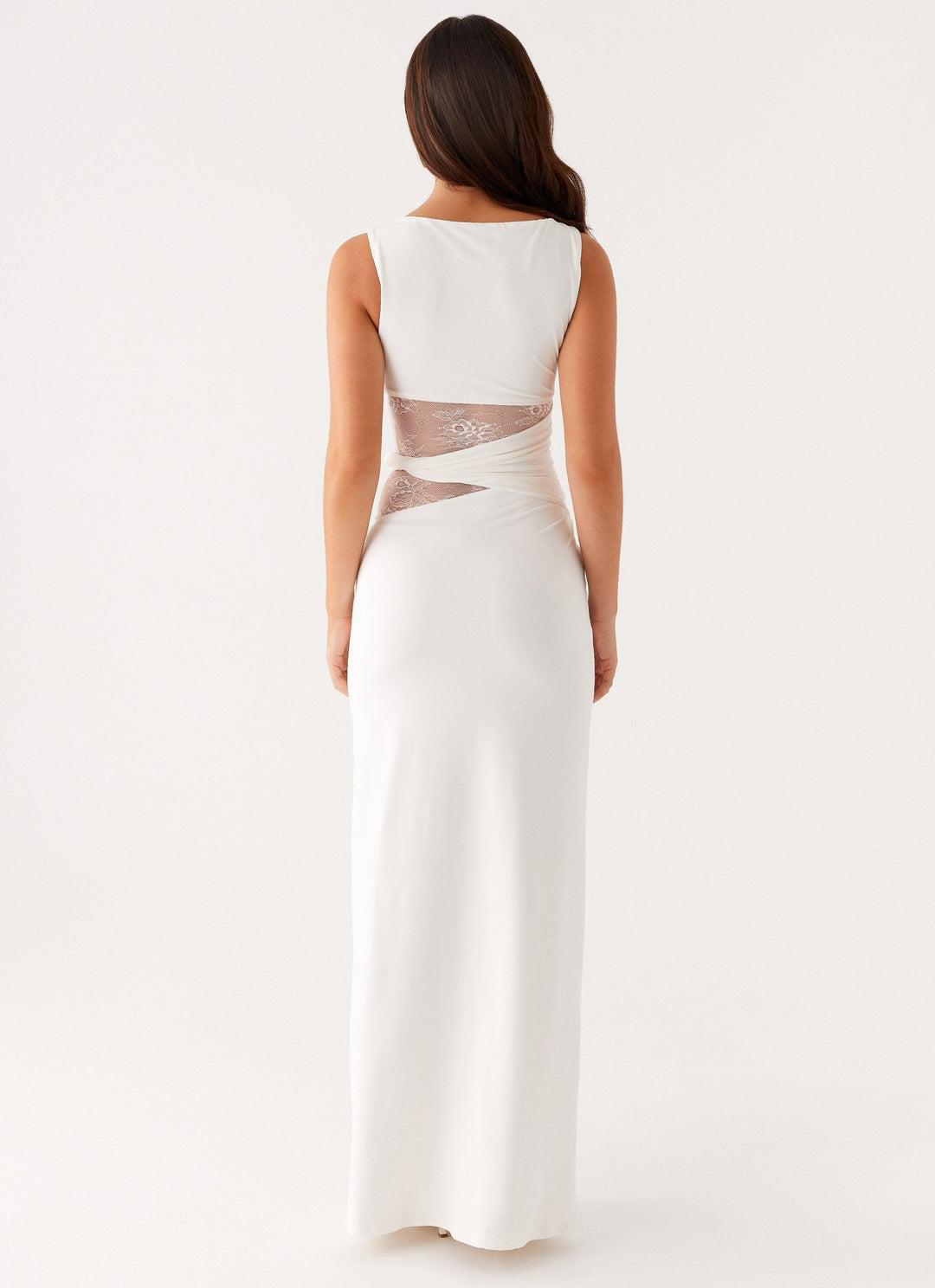 Women's Elegant Lace Cut Out Boat Neck Sleeveless Maxi Dress, a stylish long evening gown.