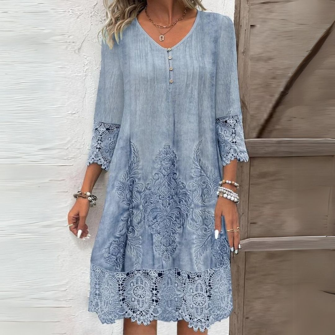 Elegant women's lace detail shift midi dress with three-quarter sleeves, perfect for versatile everyday wear.