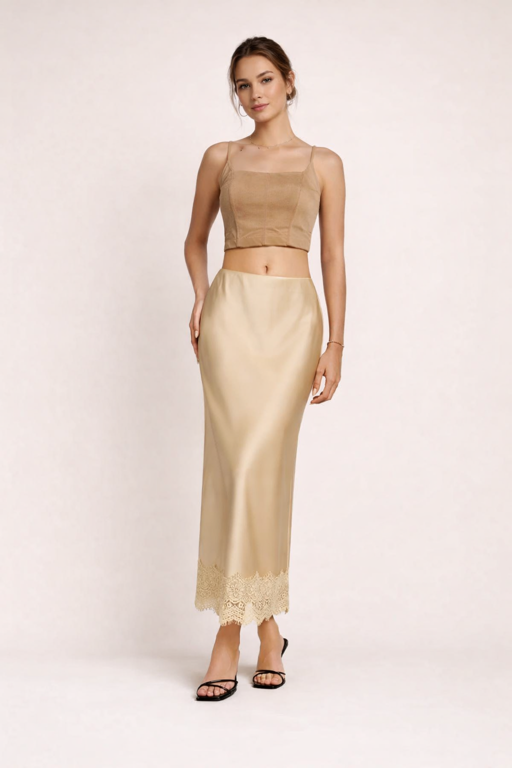 Elegant women's lace hem maxi skirt, perfect for formal events & evening wear. Sophisticated style.