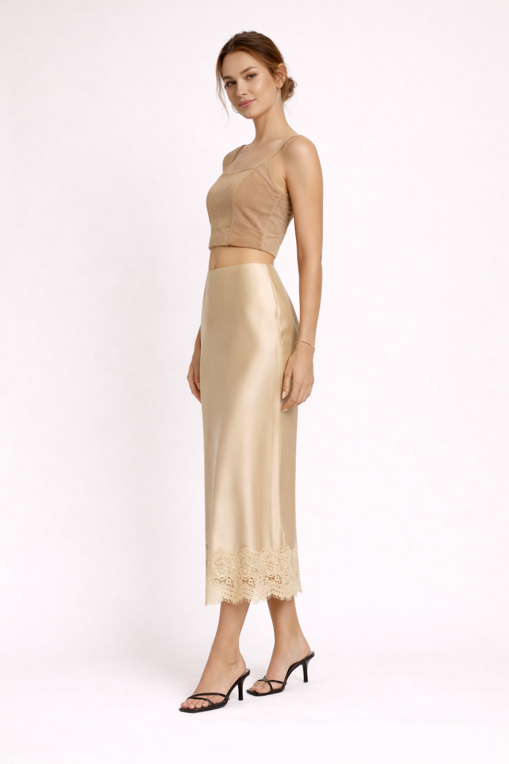 Beige formal maxi skirt for women with delicate lace hem, ideal for special occasions & party attire.