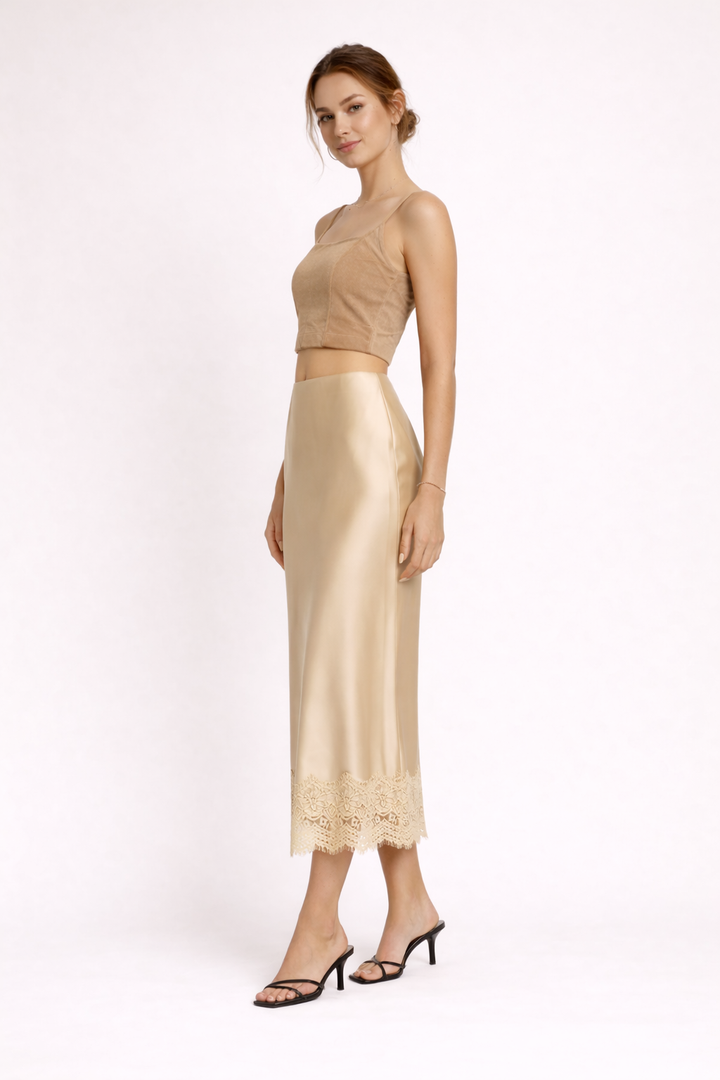 Beige formal maxi skirt for women with delicate lace hem, ideal for special occasions & party attire.