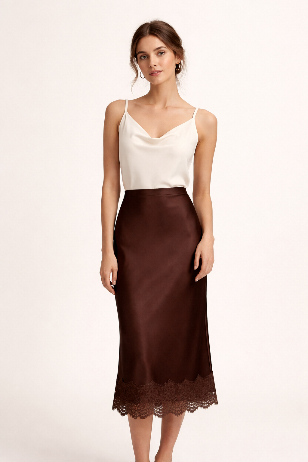 Burgundy modest maxi skirt for women, with a graceful lace hem, suitable for formal events.