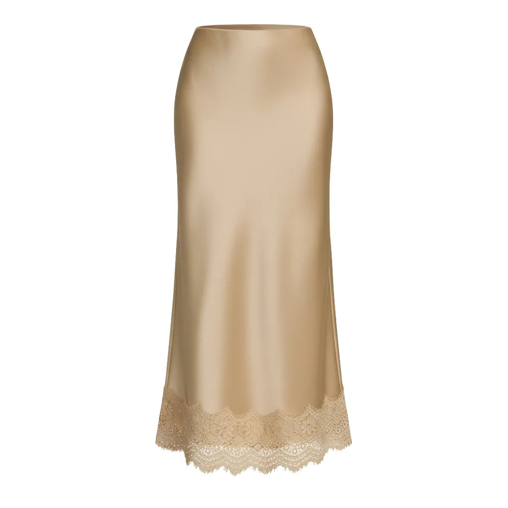 Comfortable formal women's maxi skirt with elegant lace hem, perfect for parties & special occasions.
