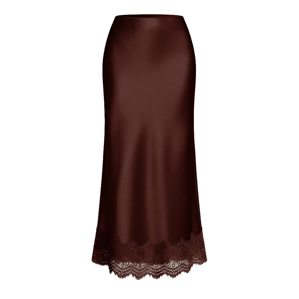 Chic women's black maxi skirt with an elegant lace hem, ideal for formal parties & special occasion fashion.