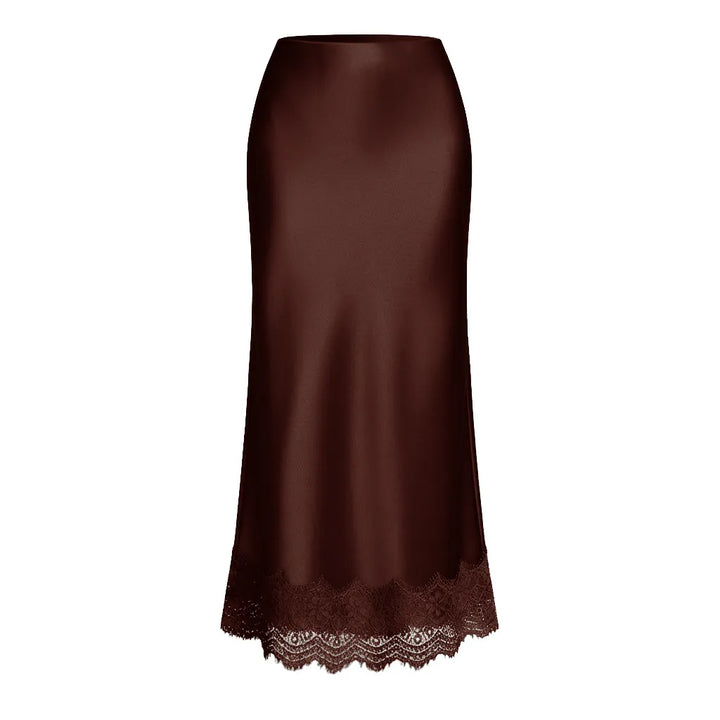 Chic women's black maxi skirt with an elegant lace hem, ideal for formal parties & special occasion fashion.