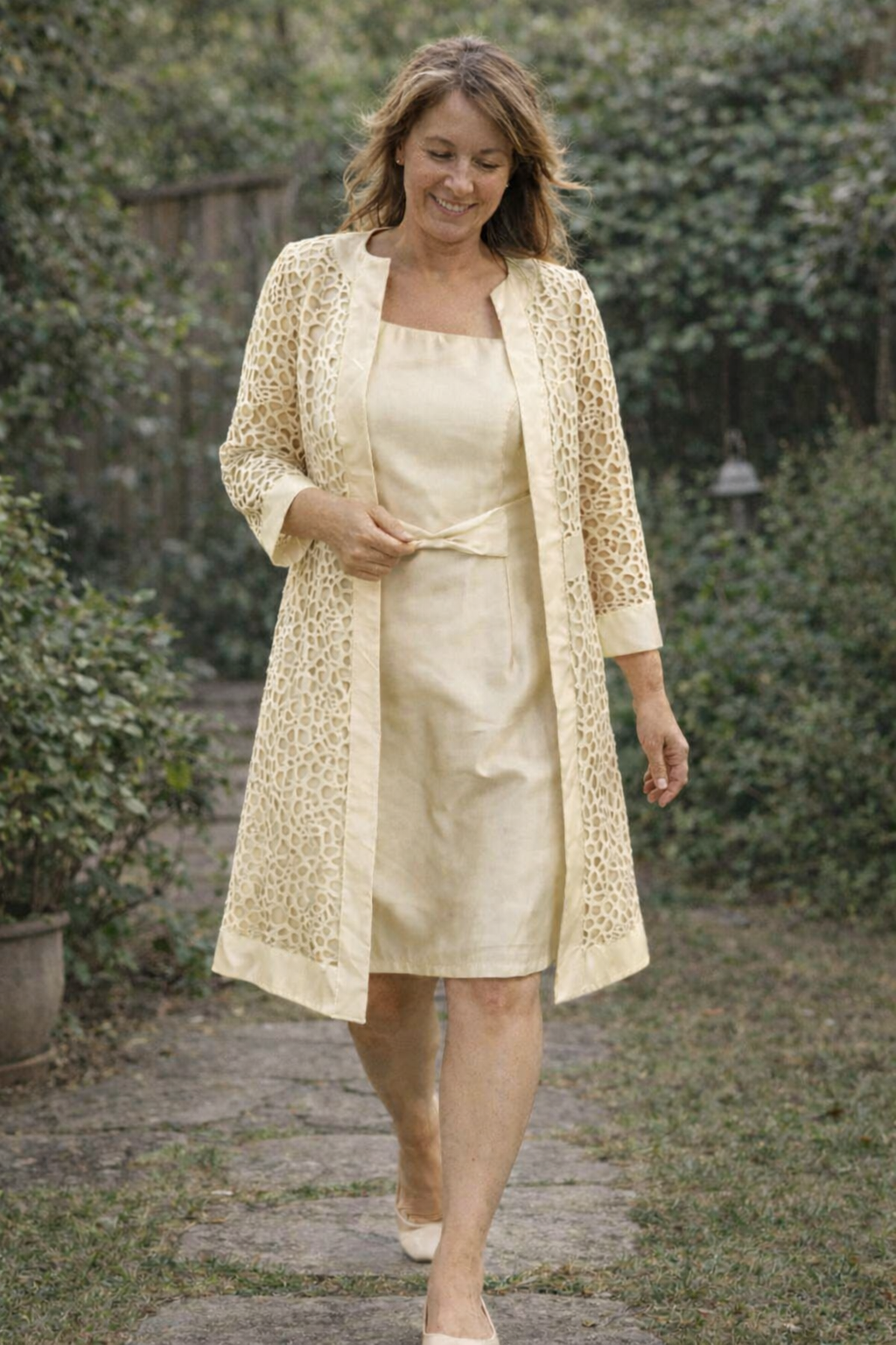 Versatile two-piece elegant lace dress and jacket set, ideal for various special occasions.