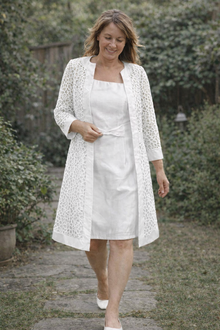 Two-piece elegant women's lace dress and jacket, ideal for formal parties & special events.