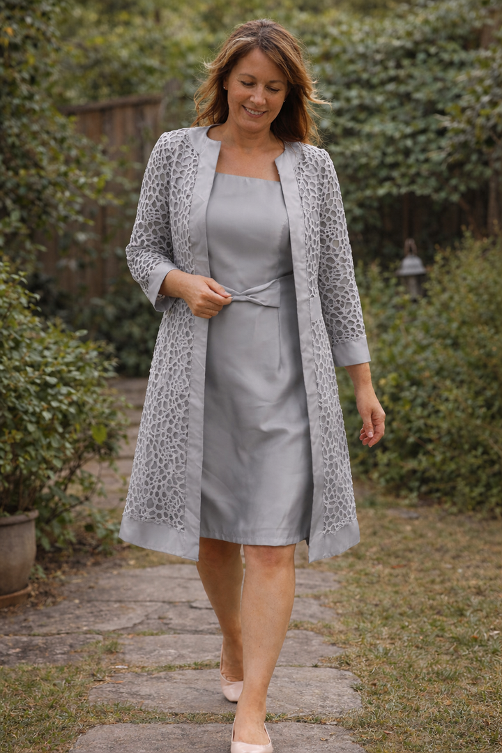 Women's elegant lace midi dress & jacket set. Perfect for evening wear, cocktail, & formal occasions.