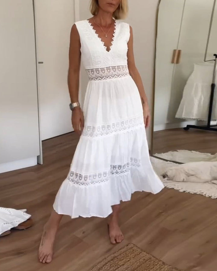 Elegant women's lace midi dress, sleeveless A-line style with V-neck. Perfect for parties & summer.
