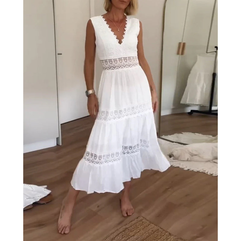 Classic white lace midi dress for women, sleeveless A-line, a timeless elegant summer piece.