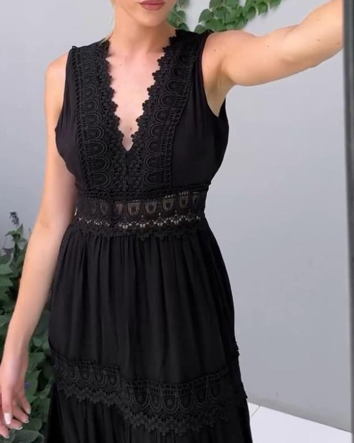 Chic women's sleeveless lace midi dress, A-line silhouette, ideal for elegant occasions.