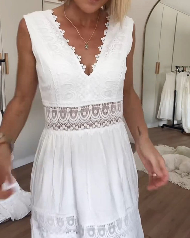 Stylish V-neck lace midi dress for women, an elegant sleeveless summer party outfit.