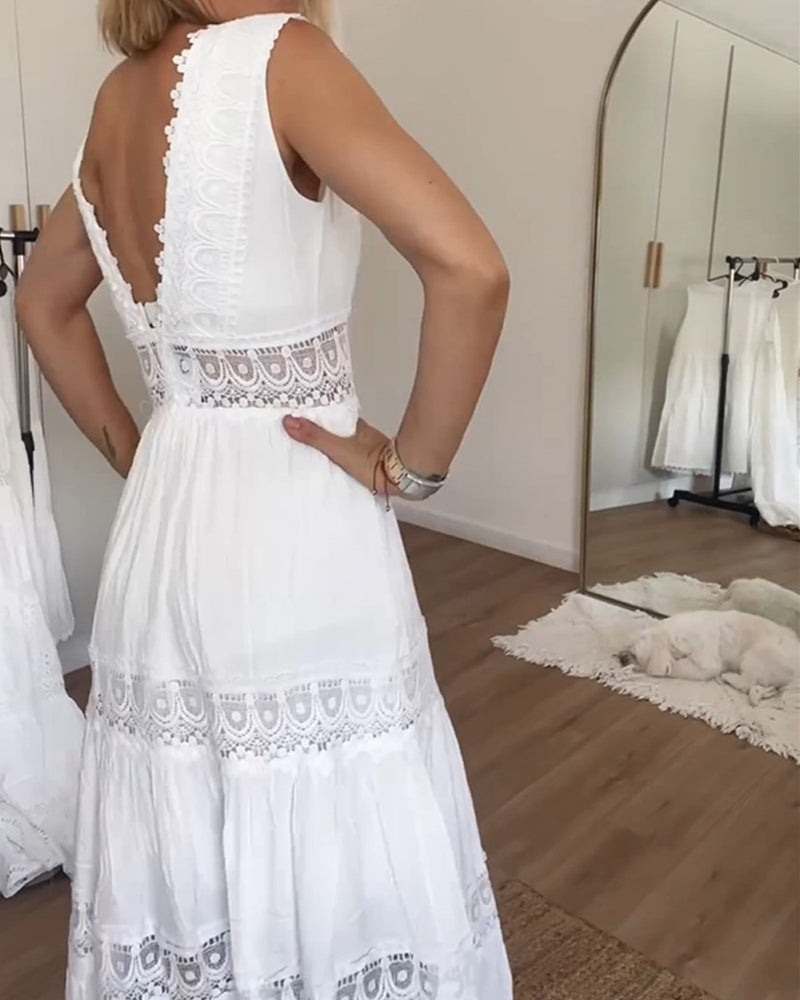 White women's lace midi dress, A-line sleeveless style, perfect elegant party or casual wear.