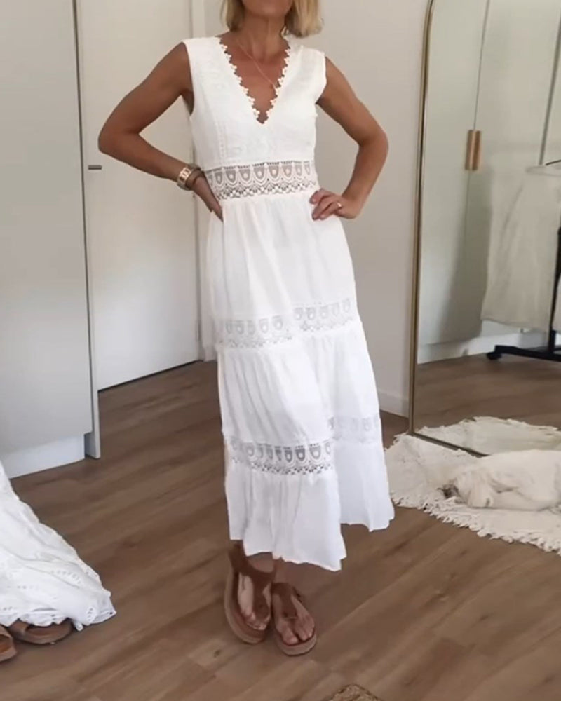 Black women's lace midi dress, elegant V-neck sleeveless design, ideal for evening parties.