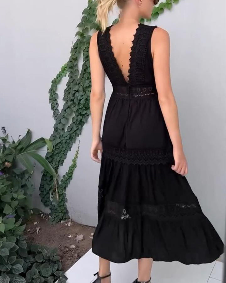 Casual elegant women's lace midi dress, versatile sleeveless A-line for day or night.