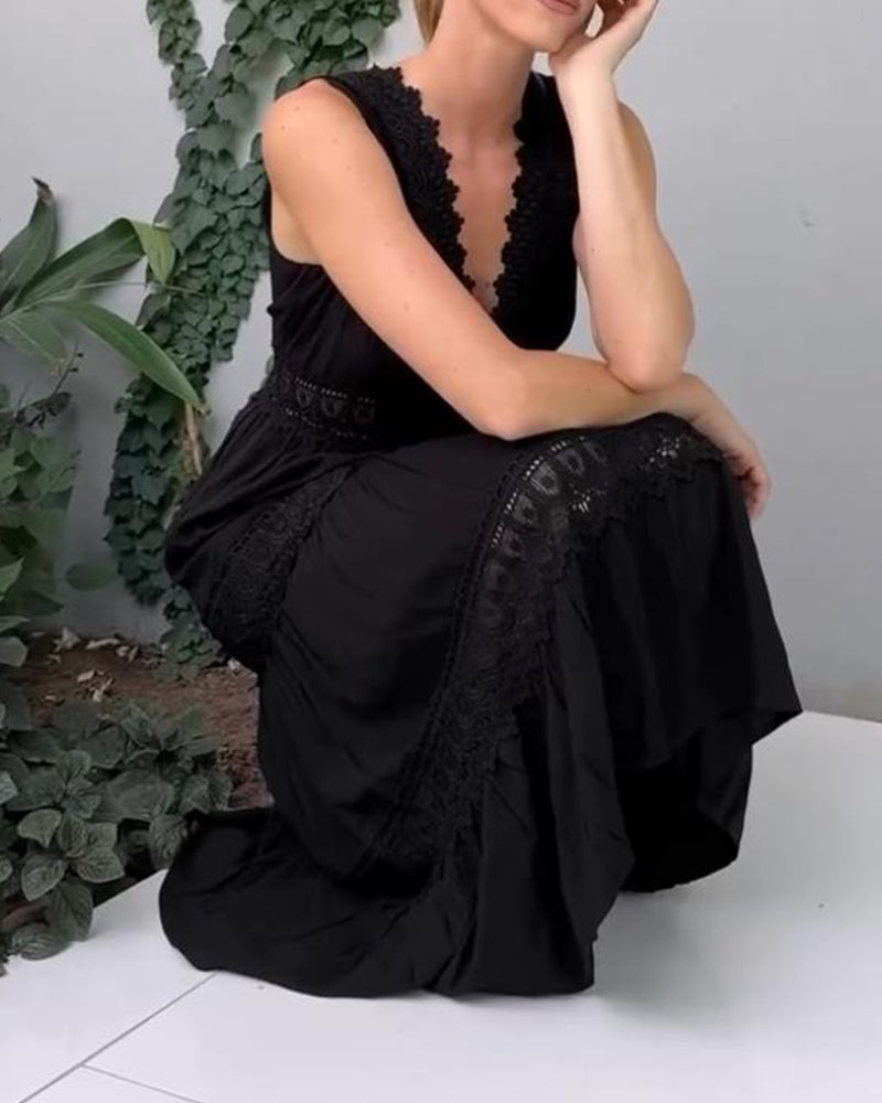 Women's sleeveless V-neck lace midi dress, a stunning A-line choice for any party.