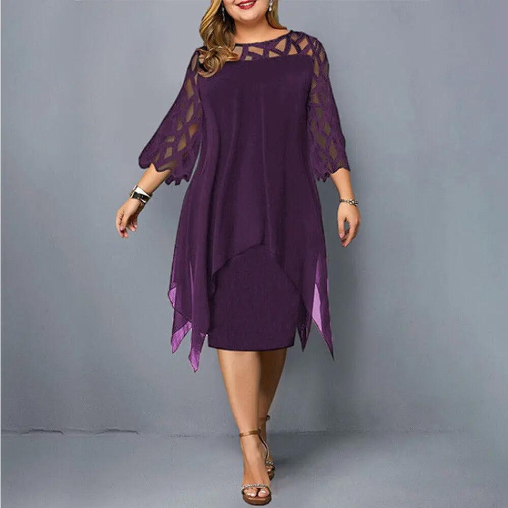 Elegant women's lace midi dress with a classic round neck, perfect for special occasions.
