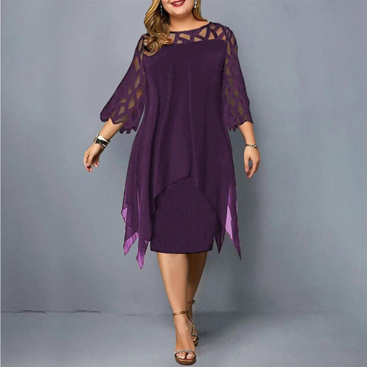 Elegant women's lace midi dress with a classic round neck, perfect for special occasions.