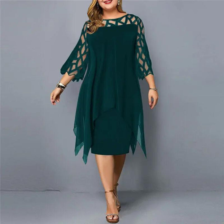 Sophisticated women's fashion: detailed lace midi dress featuring an elegant round neckline.