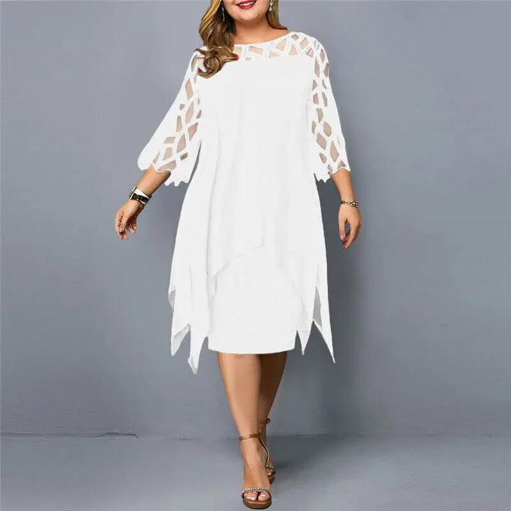 Stylish women's elegant lace midi dress with a sophisticated round neck, flattering silhouette.