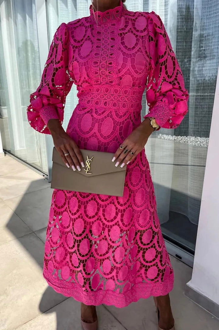 Elegant women's lace midi dress with high neck & long sleeves. Perfect A-line formal or cocktail party dress.