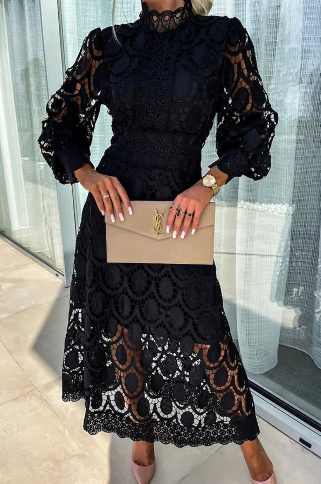 Stunning high neck long sleeve lace midi dress for women. Elegant A-line silhouette, perfect for special occasions.