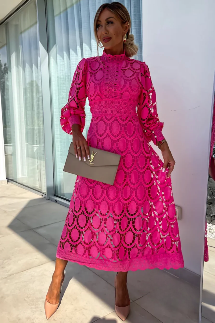 Fashionable women's lace midi dress. High neck, long sleeve A-line cut. Chic for cocktail parties & formal events.