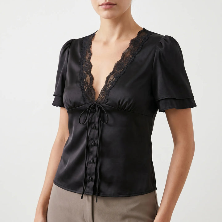 Stylish women's V-neck blouse featuring delicate lace trim and a button front for casual chic summer fashion.