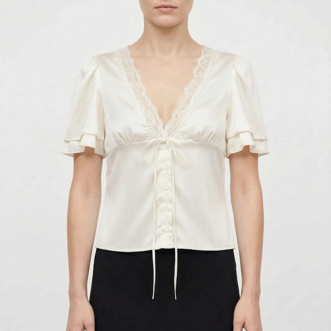 Chic women's V-neck blouse with elegant lace trim, flutter sleeves, and button details, ideal for summer outfits.