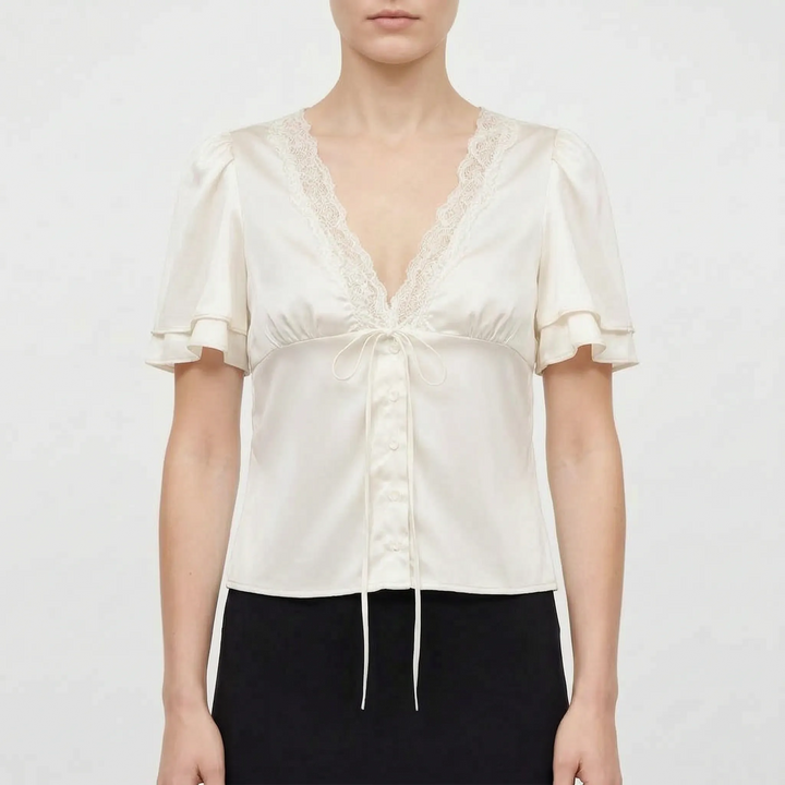 Chic women's V-neck blouse with elegant lace trim, flutter sleeves, and button details, ideal for summer outfits.