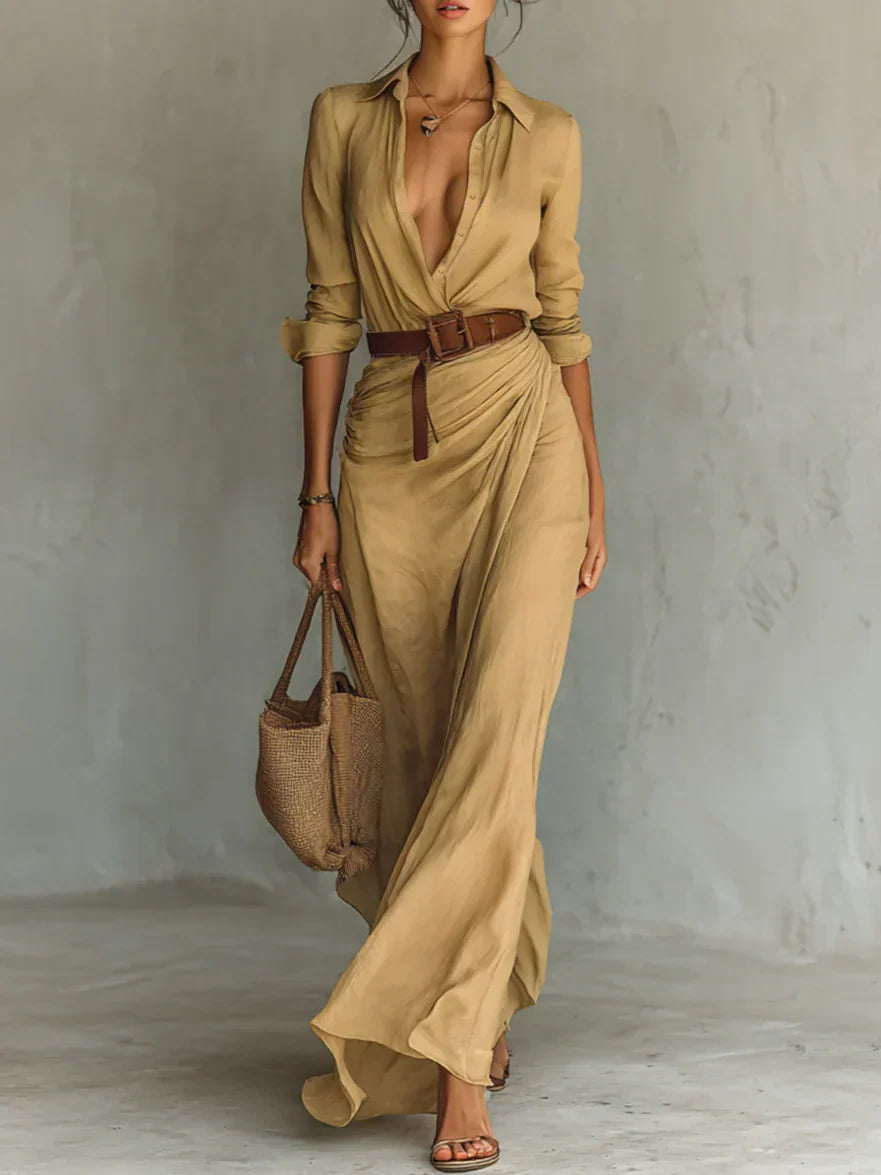 Elegant women's lapel long sleeve belted maxi dress, perfect for sophisticated day or evening wear. Flattering fall fashion.