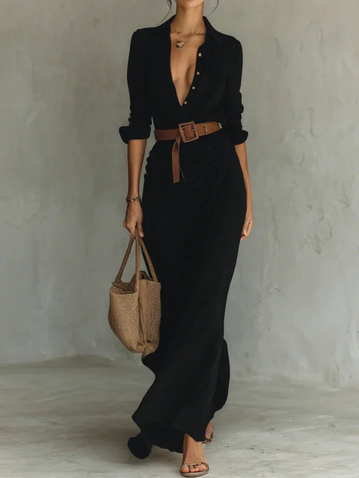 Sophisticated women's belted maxi dress with lapel collar & long sleeves. Ideal elegant party or formal evening wear.