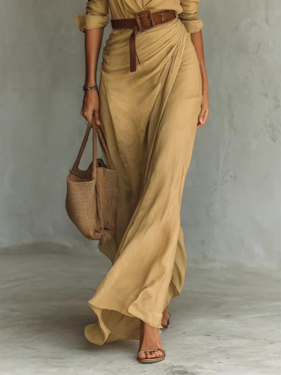 Flattering women's long sleeve belted maxi dress with lapel detail. Elegant and comfortable for fall & winter fashion.