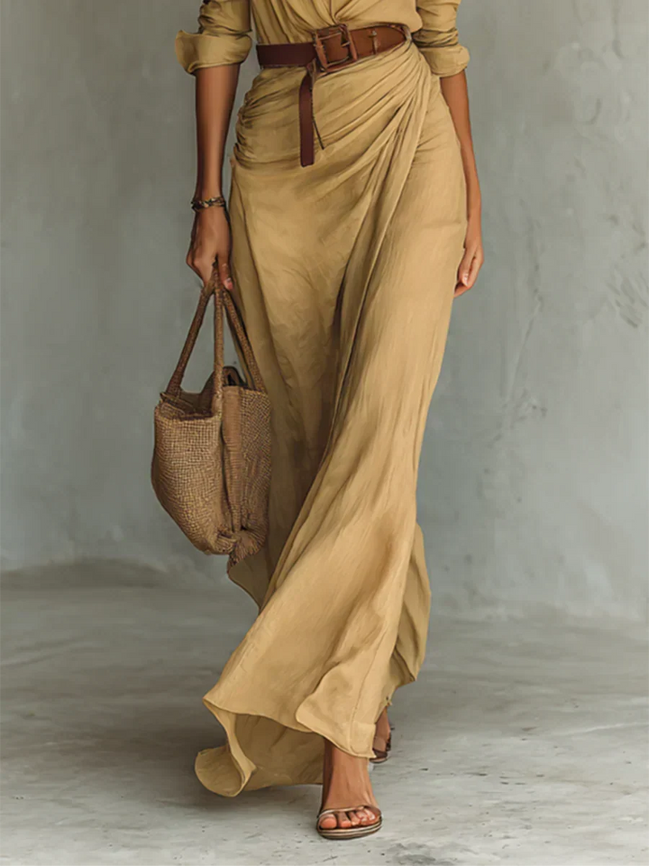 Flattering women's long sleeve belted maxi dress with lapel detail. Elegant and comfortable for fall & winter fashion.
