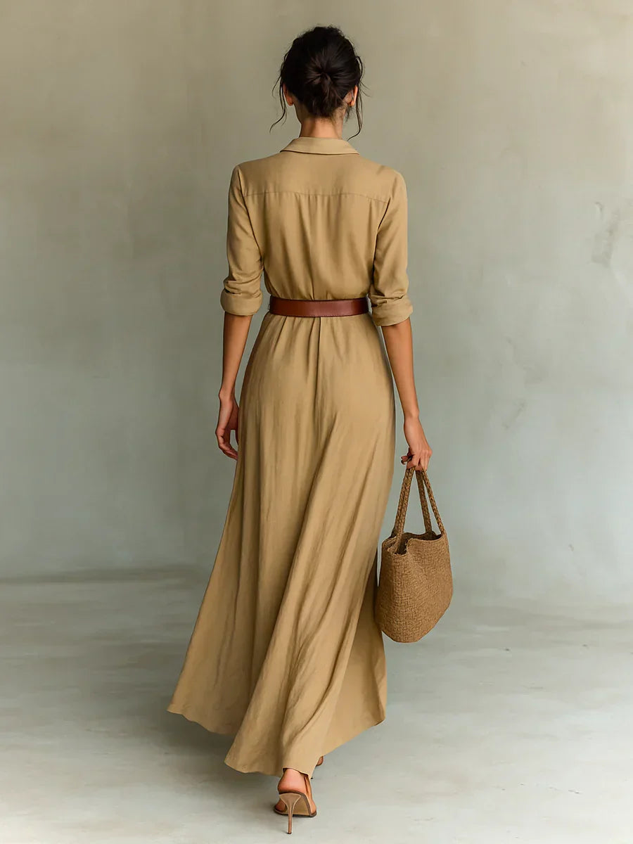 Chic women's lapel long sleeve maxi dress. Belted for a flattering fit. Perfect elegant formal or party wear.