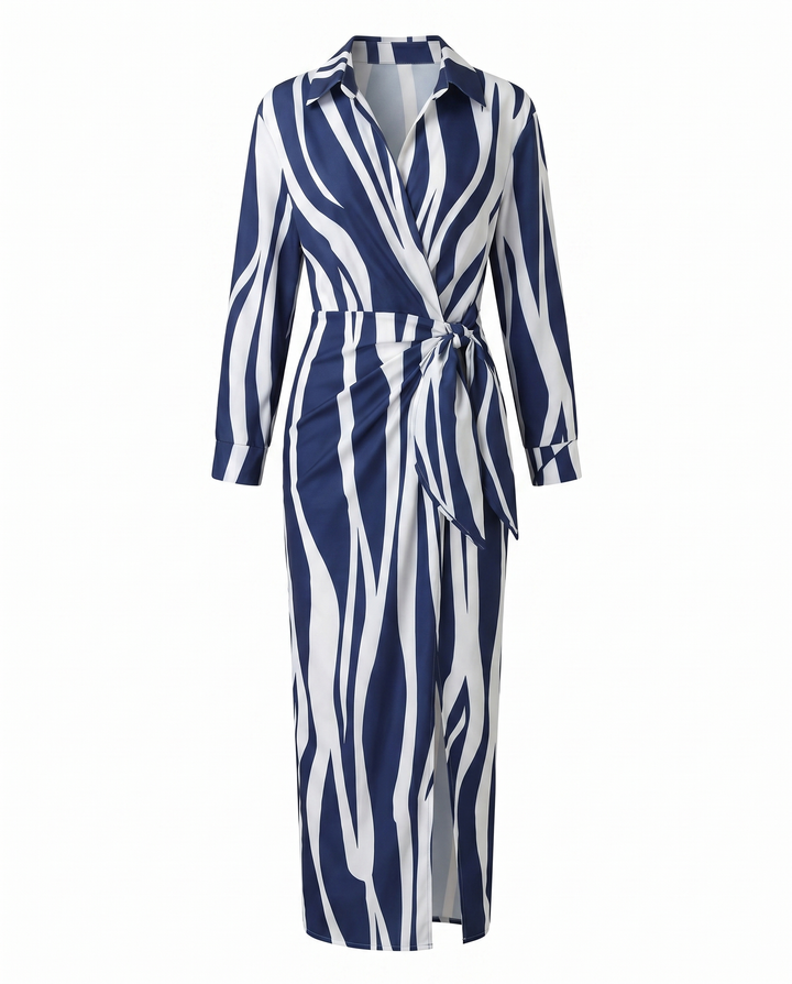 Women's elegant leaf print maxi dress, collared v-neck wrap style, long sleeves, and graceful side slit.