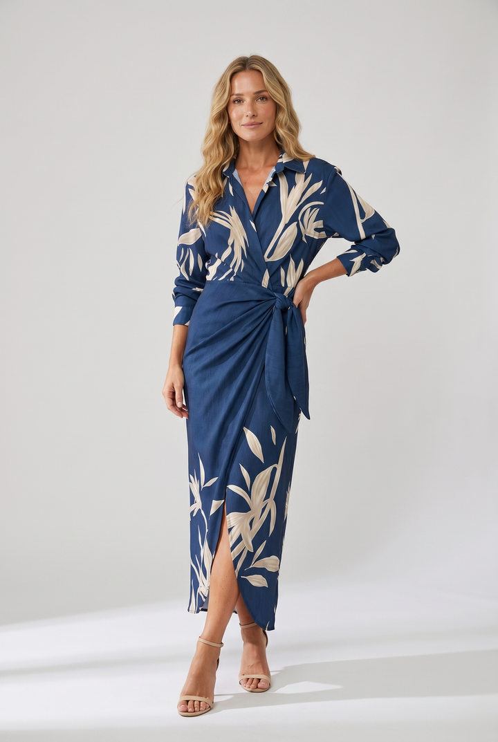 Women's stylish leaf print wrap maxi dress, featuring a collared v-neck, long sleeves & side slit.