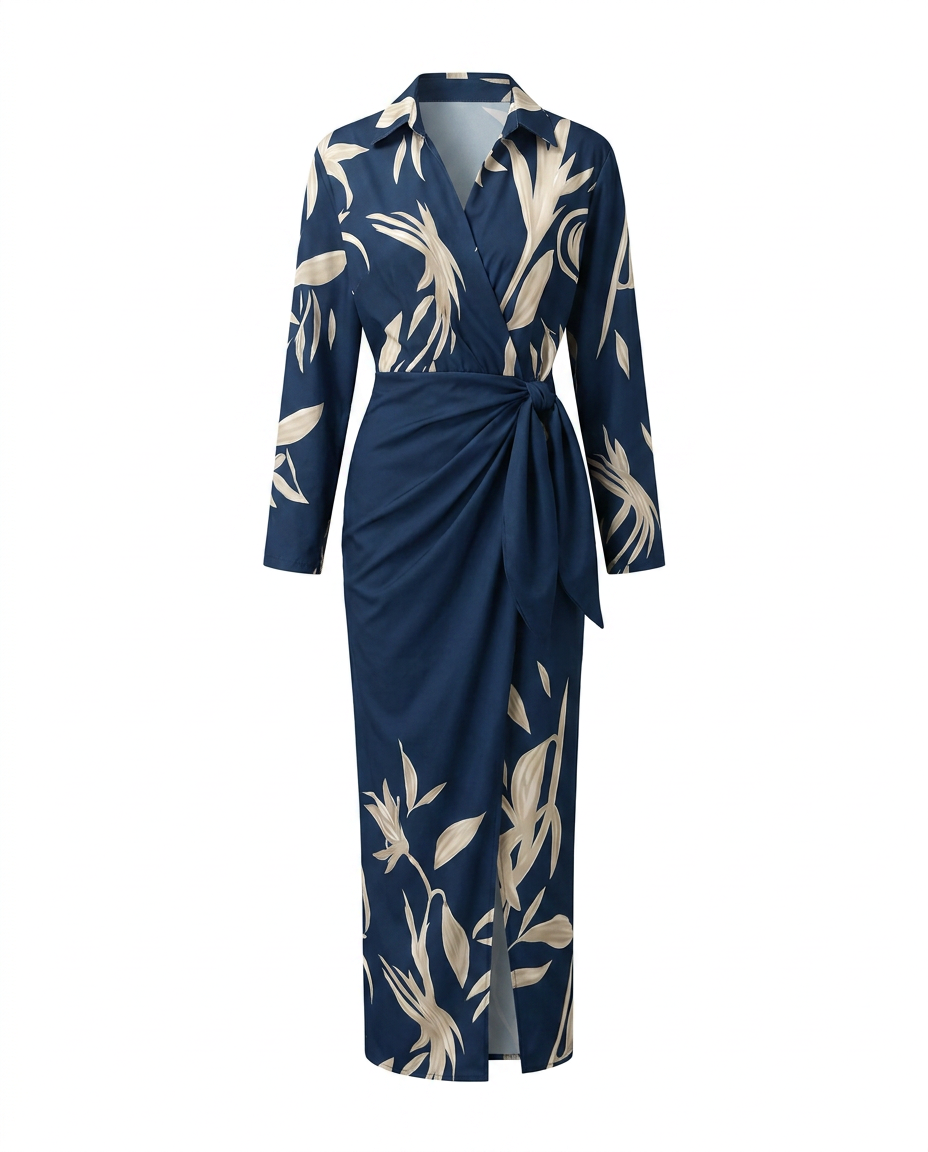 Vibrant leaf print wrap maxi dress for women, elegant long sleeve design with a collared v-neck & slit.