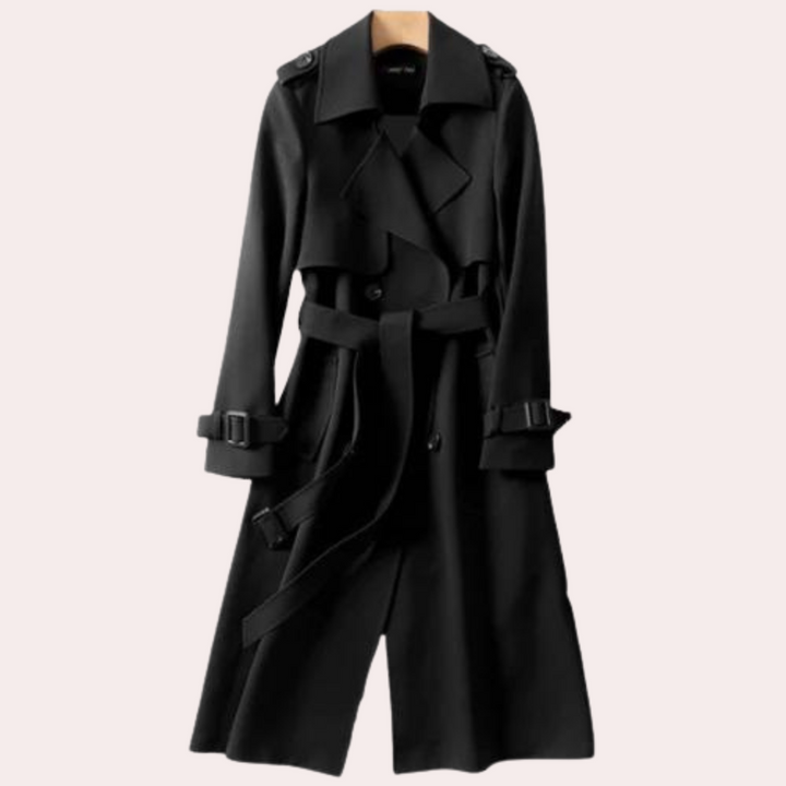 Elegant women's long double-button coat in a tailored fit, perfect for versatile fall & winter fashion.