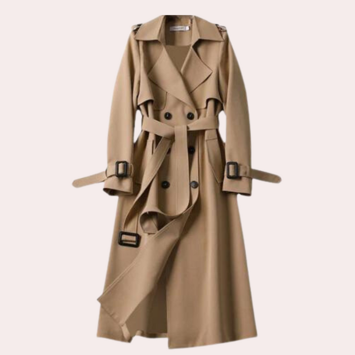 Chic women's long fall-winter coat featuring a double-button front and elegant tailored fit.