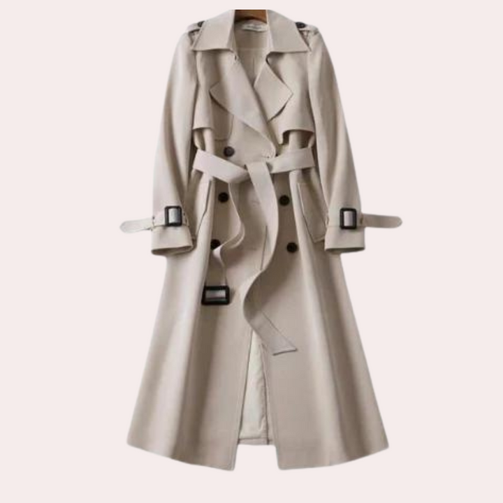 Sophisticated women's long double-button coat, an elegant choice for professional or evening outerwear.