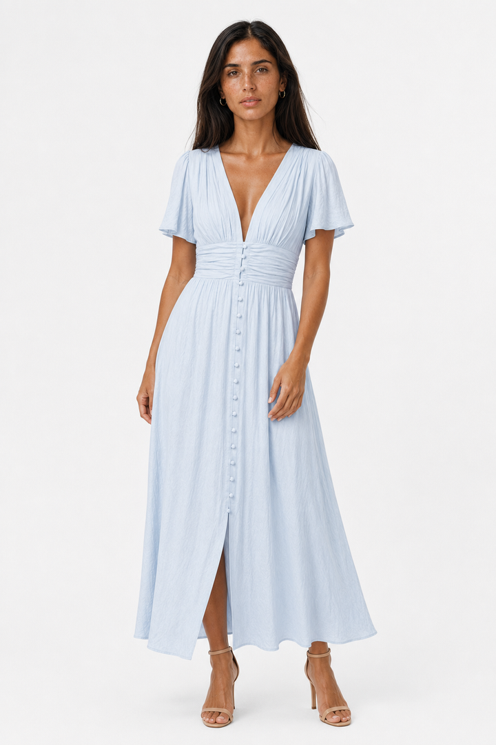 Beautiful women's long maxi dress featuring dramatic puff sleeves, a vintage-inspired elegant summer essential.