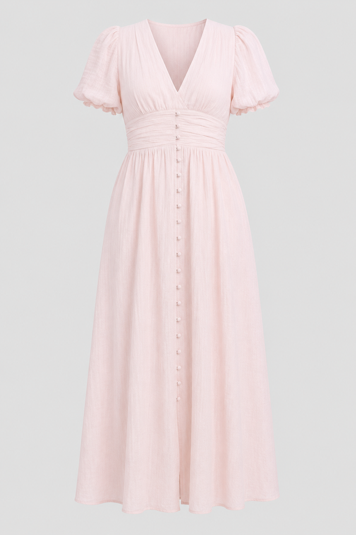 Feminine long summer maxi dress with charming puff sleeves, offering a comfortable and stylish silhouette.