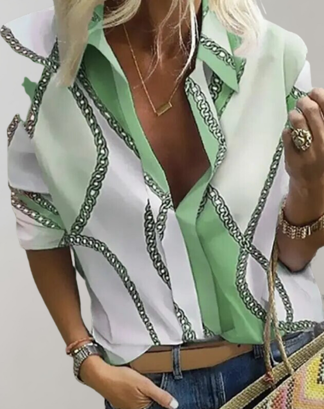 Elegant women's long sleeve blouse with stylish gold chain print, perfect for office or evening wear.