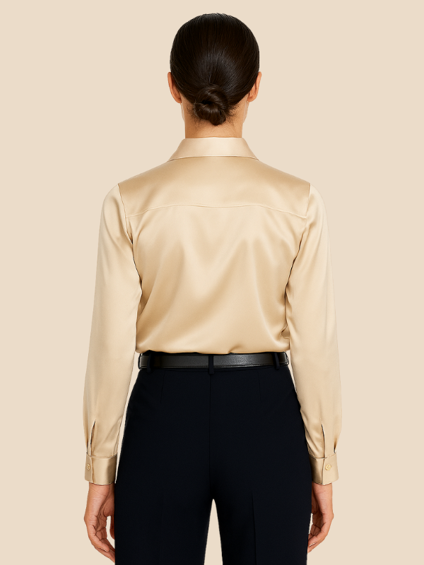 Professional long sleeve button-front top for women, enhancing office and business attire.