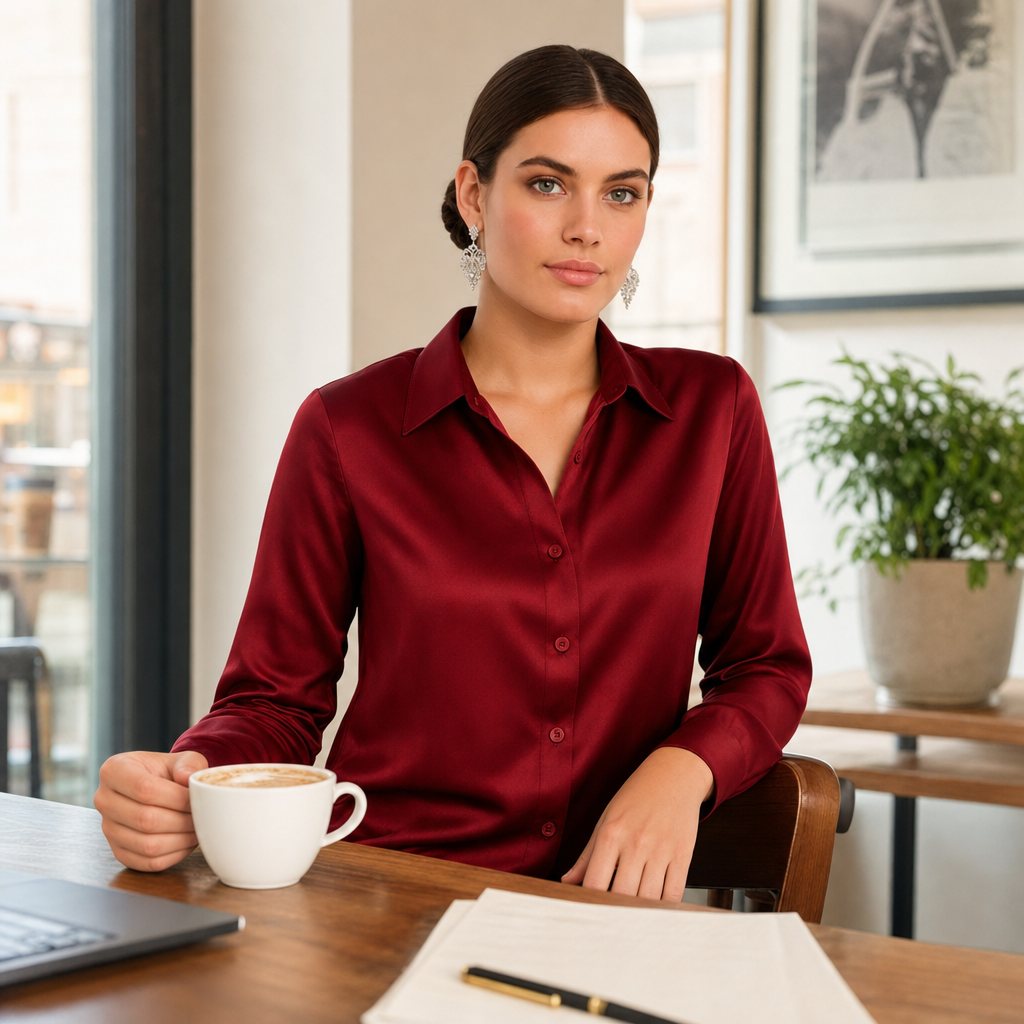 Versatile button-front long sleeve blouse for women, ideal for office or casual chic.