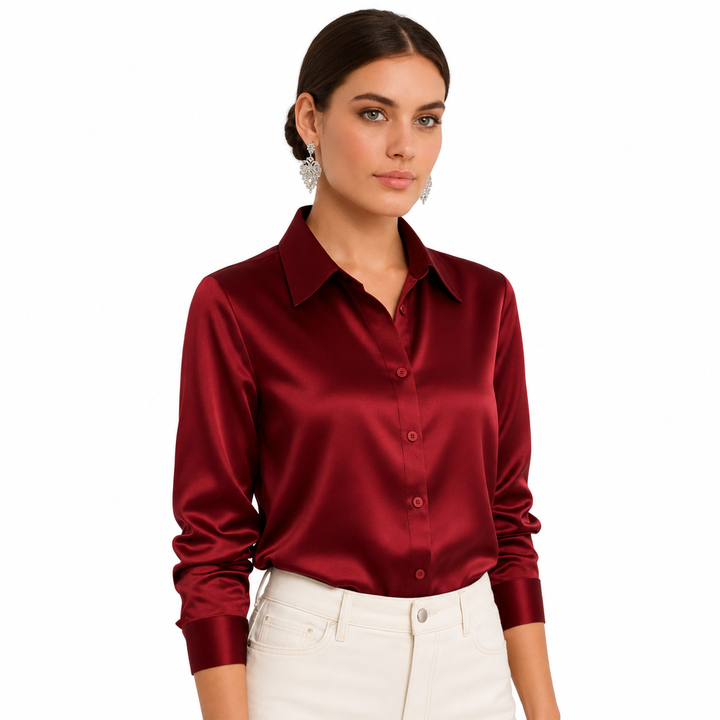 Classic long sleeve button-down blouse, a sophisticated staple for women's work attire.