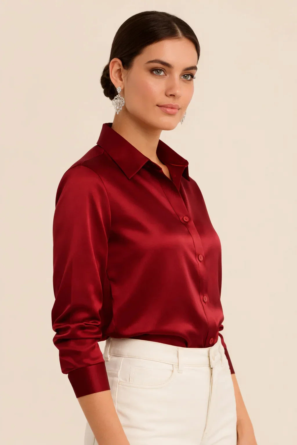 Professional women's long sleeve button top, essential for a refined office wardrobe.