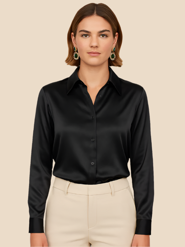 Women's elegant button-front long sleeve blouse, stylish choice for professional settings.